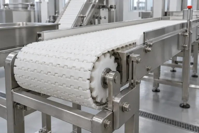 A white plastic modular conveyor belt running over sprockets on a stainless steel frame in a clean food production hall