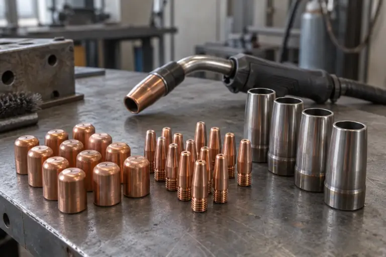 Copper spot welding electrode caps, MIG welding contact tips and gas nozzles sorted on a workbench next to a welding torch
