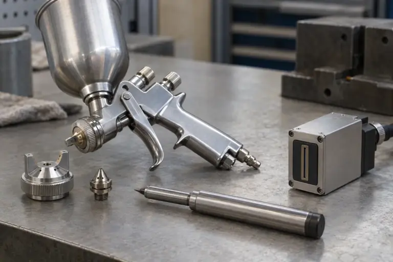 A spray gun with air cap and nozzle set next to a dot peen marking pin and a small inkjet print head on a workbench