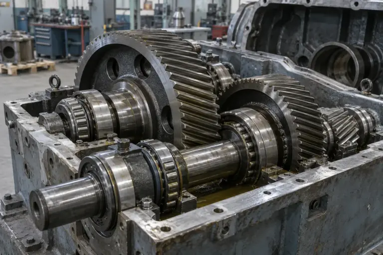Reductor industrial abierto con engranajes helicoidales, ejes y rodamientos en un taller