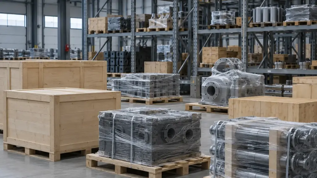Zone de réception des marchandises avec caisses en bois et pièces de machines filmées sur palettes devant de hauts rayonnages à palettes