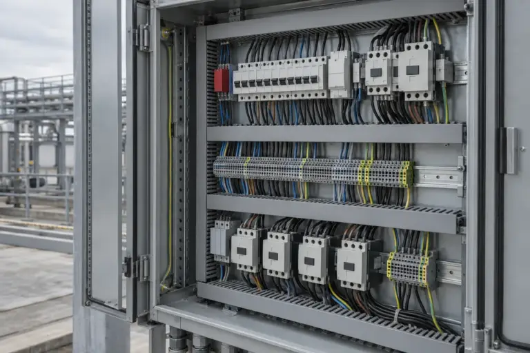 Armario de control industrial abierto con interruptores automáticos, contactores, bornes y canaletas de cables