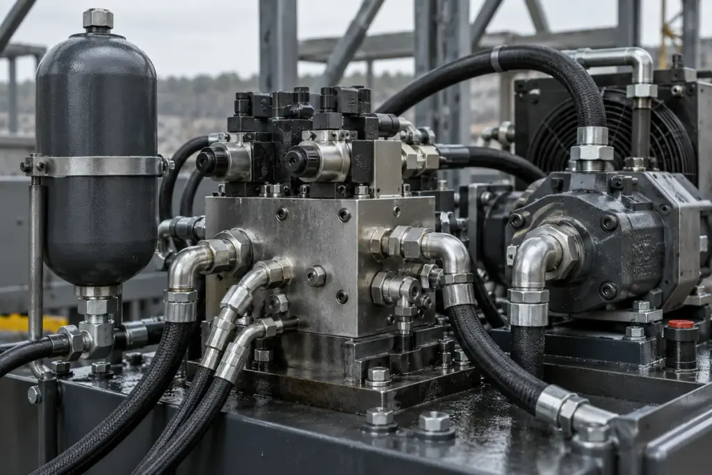 Close-up of a hydraulic power unit with valve block, accumulator, pump and hose lines with crimped fittings