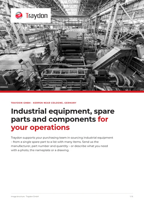 Cover of the image brochure: production hall in black and white, Traydon logo and the headline about industrial equipment, spare parts and components