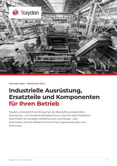 Titelseite der Imagebroschüre: Fertigungshalle in Schwarzweiß, Traydon-Logo und die Überschrift „Industrielle Ausrüstung, Ersatzteile und Komponenten für Ihren Betrieb“